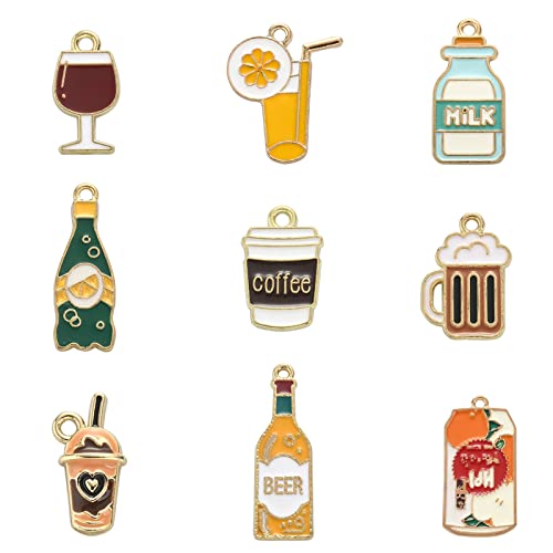 LiQunSweet 45 Pcs 9 Styles Enamel Red Wine Lemon Orange Juice Milk Bottle Soda Beer Milk Tea Coffee Charms Beverages Drinks Charms for Jewelry Making