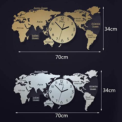 Wzglod World Map Wall Clock, Stainless Steel Sus304,Living Room Decoration Modern Art Quartz Clock Wall Clock, Atmospheric Personality Creative Clock, Wall Decoration Wall Art(70 X 34 Cm),Silver #TOP1