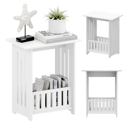 AutoBaBa Slim Side Table, Small Side Table With Rack, Modern Style Sofa End Table For Living Room And Office, Narrow Bedside Table For Bedroom, Study (White)