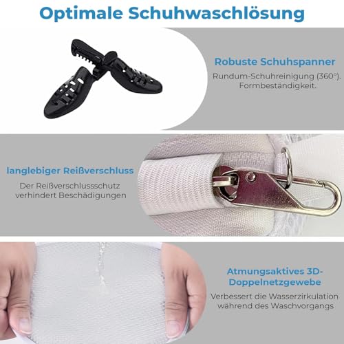 Schuhwaschbeutel Waschmaschine, 4-in-1, 2er Set mit Schuhspanner & Lock Reißverschluss, Schuhwaschbeutel, Wäschebeutel für Schuhe, 360° Reinigung, ideal für Sneaker (White+Grey)