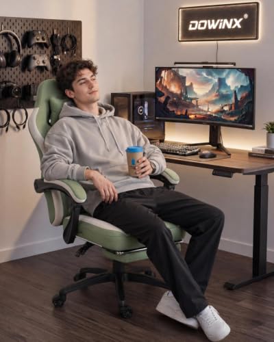 Image of Dowinx Gaming Chair Breathable Fabric Game Chair with Gel Pad and Storage Bag, Comfortable Gamer Chair with Pocket Spring Cushion, Ergonomic Computer Chair with Footrest, Green