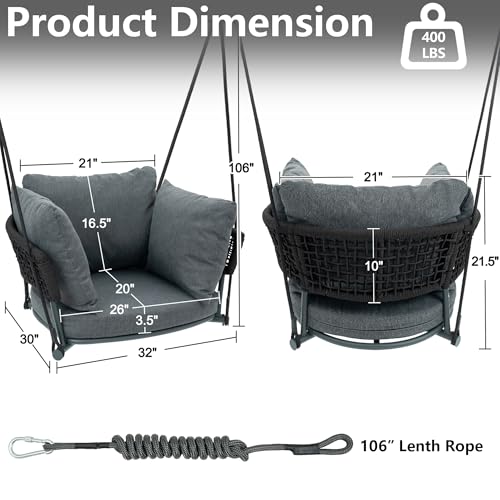Image of Swing Chair Outdoor, Single Hanging Porch Swing, Ceiling Hanging Chair for Bedroom, 106 inch Adjustable Rope Swinging Chair Indoor, Heavy Duty 400lbs Patio Outdoor Swings for Balcony, Rope Black