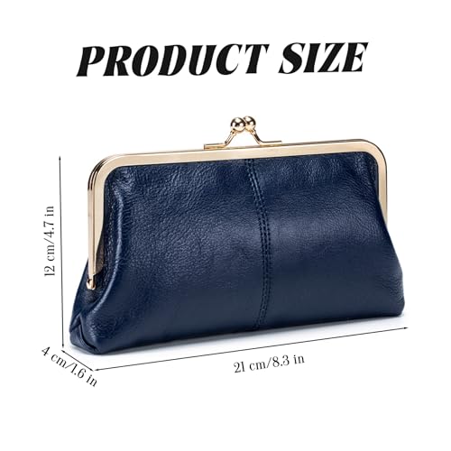 Kiss Lock Wallet for Women, Leather Vintage Wallet with Zipper Coin Pocket, Multi-card Slots Card Holder, Dark Blue Soft Leather Wallets for Women4