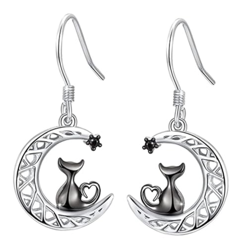 Boucles d'oreilles chat et lune de style chic et raffinées en alliage argenté