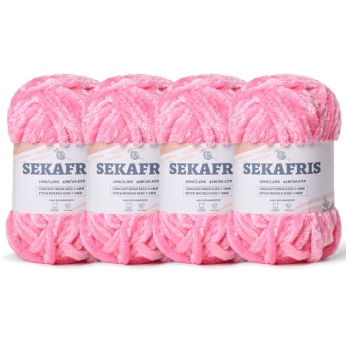 Image of Chenille Velvet Soft Yarn Pink 4 Pack | 400g /196.8yds Fuzzy Chunky Chenille Yarn for Crocheting Plush Yarn for Hand Knitting Amigurumi Fluffy Yarn
