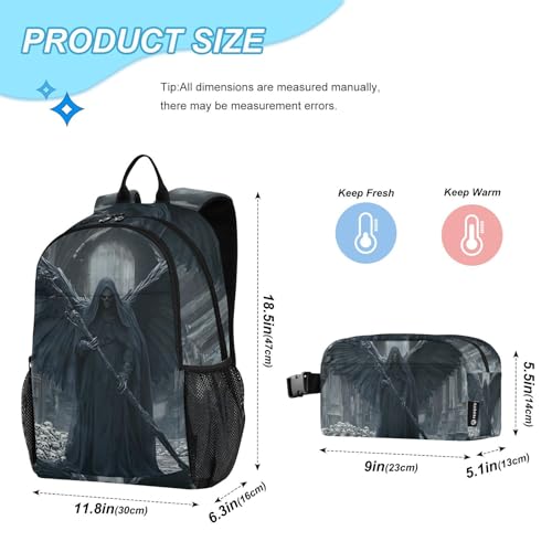 Travel Backpack Lunch Bag Set for Hiking Picnic, Backpacks with Insulated Lunch Box Grim Black Print2