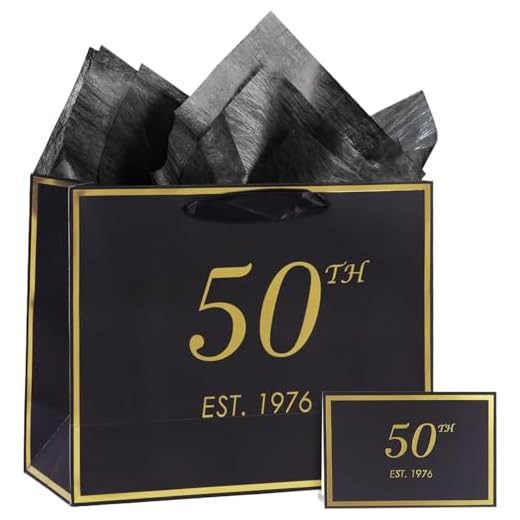 momoake 50th Birthday Gift Bag with Card and Tissue Paper for Men Women Him, 1976 50 Year Old 13" Elegant Black Gold Anniversary Keepsake Party Present Shopping Paper Bags for Gifts Wrapping
