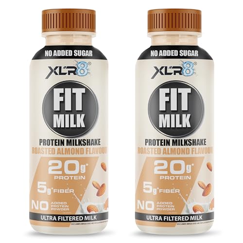 Image of XLR8 FitMilk Protein Milk | 20g Protein Milkshake 250ml (Pack of 2) | 5g Fibre | Roasted Almond | No Added Sugar | Contains Prebiotic Fiber | Ideal for Early Mornings, Pre & Post Workouts Energy Drink