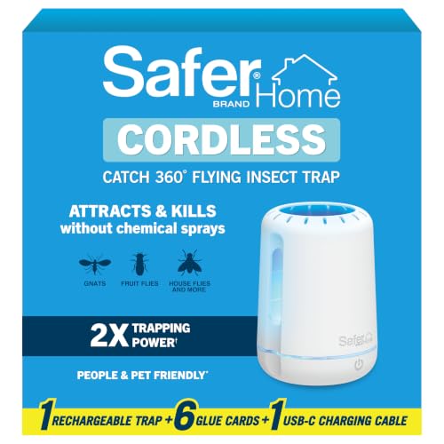 Image of Safer Home Catch 360 Cordless Flying Insect Trap, UV LED Light, Chemical-Free, 10 Day Rechargeable Battery, Effective Fruit Fly Traps for Indoors, Gnat Traps for House Indoor, 1 Device + 6 Glue Cards