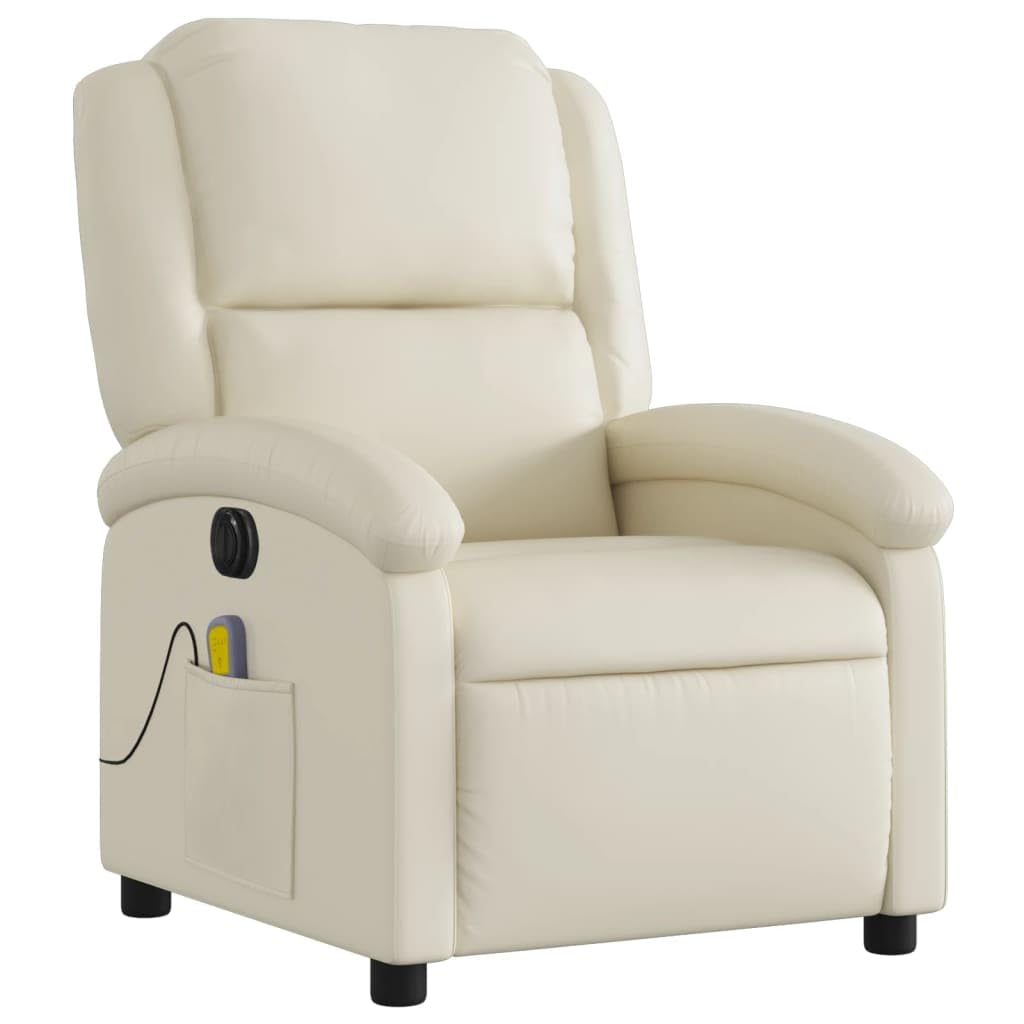 Massagesessel elektrisch in Creme Kunstleder mit 6-Punkt-Vibrationsmassage, Verstellbarer Rückenlehne und Fußstütze, Holz-Metall-Gestell, ergonomischer Sessel mit Seitentasche