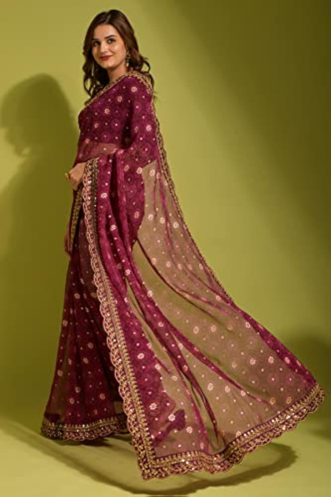 Smooth Georgette Chiffon Sequin Lace Border Saree with Blouse
