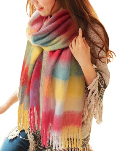 CMTOP Schal Damen Winter Warme Kariert Deckenschal Groß Lang Kariert Tartan Lattice Warmer Oversized Fransen Poncho Wintersch