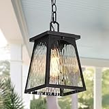 LALUZ Outdoor Pendant Lights for Porch, Modern Farmhouse Outdoor Pendant Light Fixture with Clear Water Ripple Glass, Trapezoid Exterior Hanging Lantern Lamp Light Fixtures, Textured Rust Finish