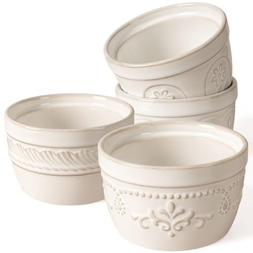 Artena Ramekins Oven Safe, Creme Brulee Ramekins, Embossed White Ceramic Ramiken, Souffle Pudding Custard Cups, Baking Dish, Dipping Bowls, Sauce Cups, Set Of 4 (Multiple Patterns, 8 oz)