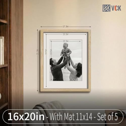 Image of VCK 16x20 Picture Frames 5 Pack, Natural Wood, 11x14 Mat, Glass, for Poster