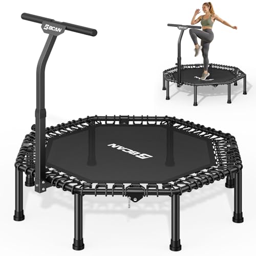 BCAN Trampolin Indoor Erwachsene, 250 kg Tragkraft, Ø 122/130 cm, mit Bungee-Seilen & Verstellbaren Griffen, Stabiles und Leises Jumping Trampolin Fitness für Indoor-und Outdoor-Übungen-130cm-Schwarz