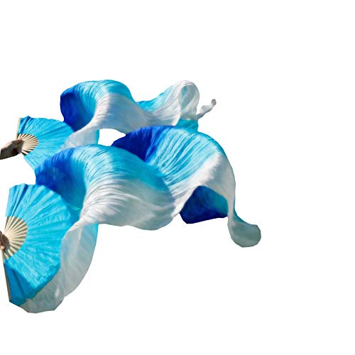 FOSER 1 Pair 1.8M Silk Belly Dance Fanï¼ National Dance Dancing Long Bamboo Fanï¼Left + Rightï¼ (Gradual Blue)