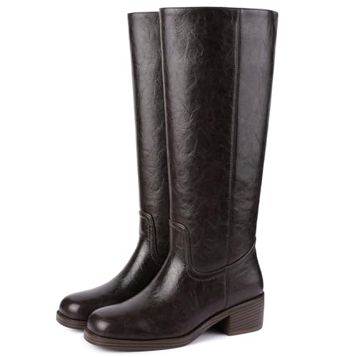 Image of Gothictor Women's Banana Knee High Boots Square Toe Chunky Block Heel Comfortable Low Heel Pull on Wide Calf Riding Long Boots for Women