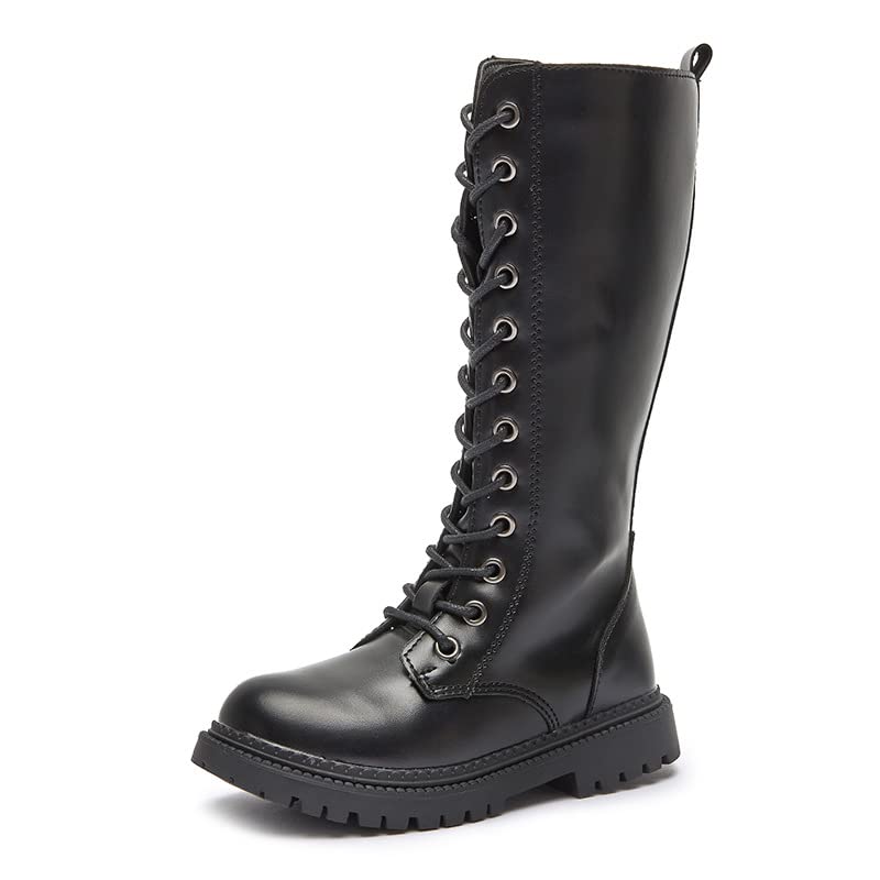 Girls Leather Riding Knee High Boots with Side Zippe Fashion Round Toe Side Zipper Lug Sole Comfortable Low