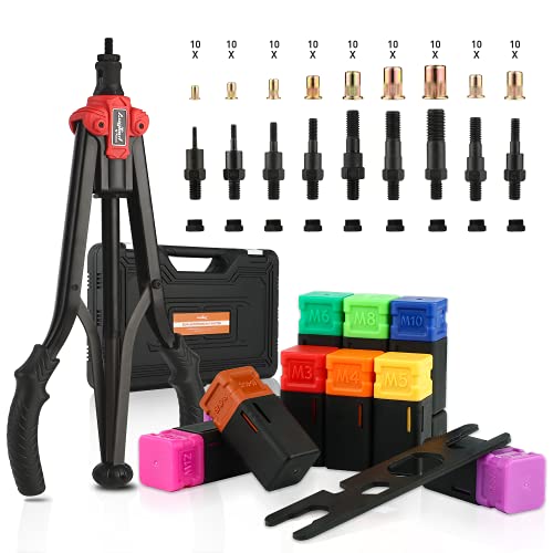 AugTouf 16' Semi-Automatic Rivet Nut Tool|9 Metric & SAE Mandrels with 90Pcs Rivet Nuts and Sturdy Case