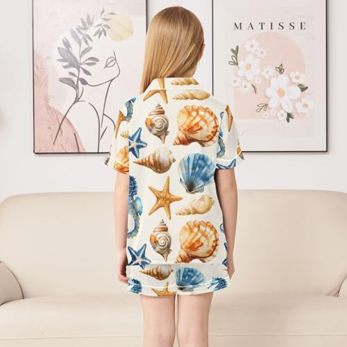ALAZA Seahorse Shell White Satin Pajamas Set Short Sleeve Button Down Sleepwear Summer Pjs 2 Piece4