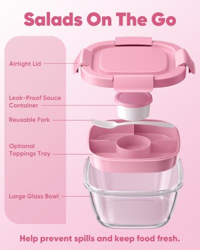 Image of Canfanni Glass Salad Container, 56oz Bowl with Airtight Lids, Tray, Fork