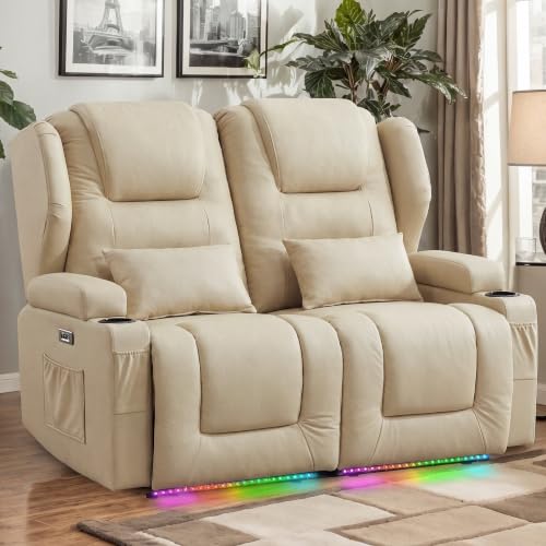 Image of DRMBOOK RV Power Loveseat Recliner Sofa, Leathaire Fabric Wall Hugger Reclining Sofa, Home Theater Seating Chair with Cup Holder, 2 Person Couch for Living Room, Beige