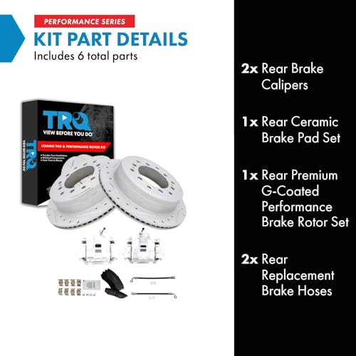 Image of TRQ Performance Rear Brake Pad and Rotor Set Ceramic Slotted Drilled Calipers Compatible with 2010-2014 Toyota FJ Cruiser
