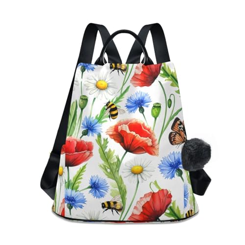 Sac à dos tendance femme blanc motif coquelicot rouge design antivol