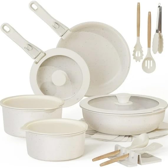 20 Piece Ceramic Pots and Pans Set Non Stick, Cookware Set with Detachable Handle, Oven Safe, Induction Ready, Stackable RV Kitchen Cooking Set Removable Handles, Cream White