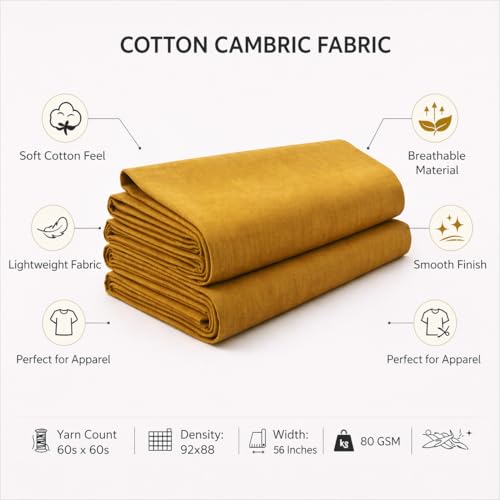 Image of Soimoi Yellow Solid 60 * 60's Cotton Cambric Fabric by 5 Yards, 56 Inch Wide Light Weight Material Suitable for Kurtis, Blouses, Kids Clothing, Tunics, Dresses and Summer Apparel