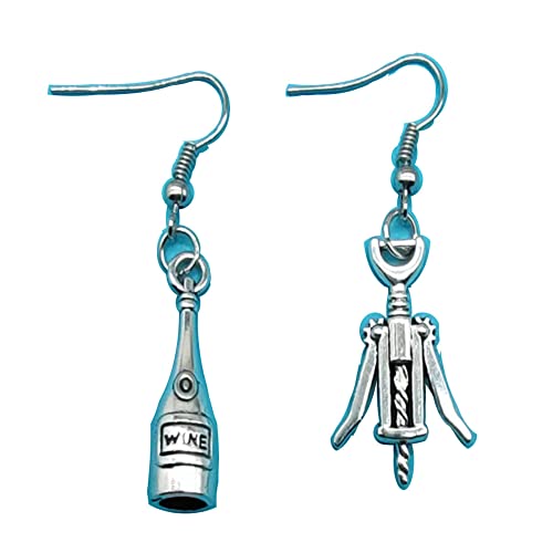 Ancient Silver Wine bottle and corkscrew earrings,wine earrings,wine drinker gift,asymmetry earrings