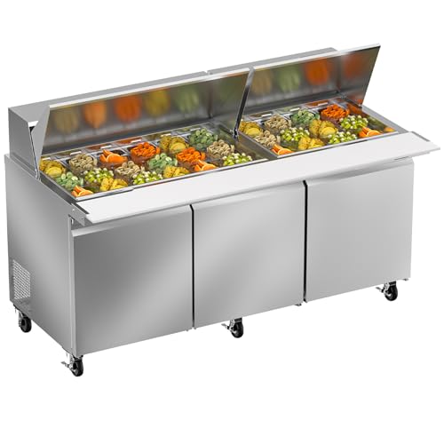 Image of Rockitch 72 inch W Commercial Sandwich Prep Table Refrigerator, 21.2 Cu.ft Stainless Steel Mega Top Sandwich Prep Table with 30 Pans, 3 Doors Salad Prep Station for Restaurant Food Prep, ETL Approved