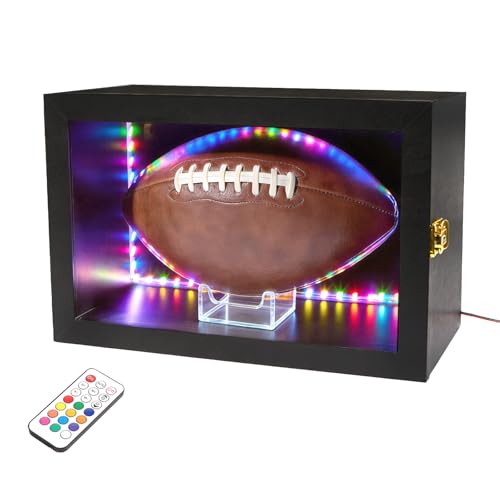 COMSREV LED Football Display Case Wall Mount Full Size Wooden Box for Signed Memorabilia, 98% UV Acrylic Door with Remote Control 12 Colors Light, Football Display Holder Great Gift for Fans (Black)