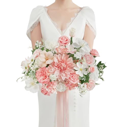 TINGE TIME 11 Inch Wedding Bouquets for Bride, PeachPink&White Artificial