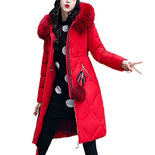Manteau chaud femme col fourrure rouge idéal pour vos sorties d'hiver