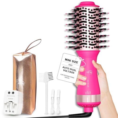 Dual Voltage Travel Hair Dryer Brush, One Step Mini Hot