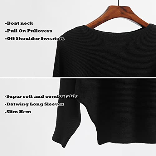 Image of Blostirno Women's Boat Neck Batwing Sleeves Dolman Ribbed Knitted Sweaters Pullovers Tops