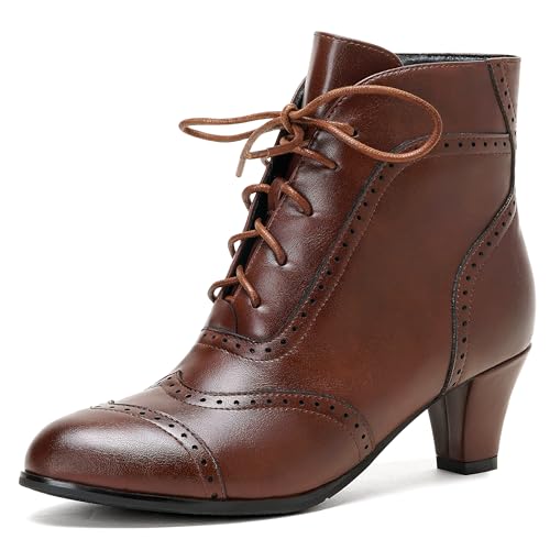 Pixoecuty Women's Victorian Ankle Boots Lace Up Booties Side Zipper