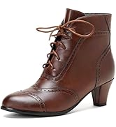 Pixoecuty Short Ankle Boots Lace Up Booties for Women Side Zipper Victorian Boots Block Chunky Mi...
