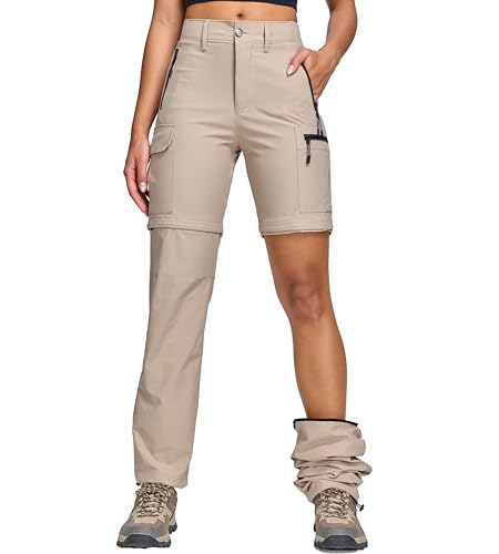 Oalka Women's Cargo Convertible Hiking Pants Zip Off Pockets Khaki M