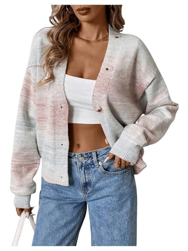 MakeMeChic Women's Ombre V Neck Sweater Button Down Long Sleeve Cardigan Drop Shoulder Outerwear