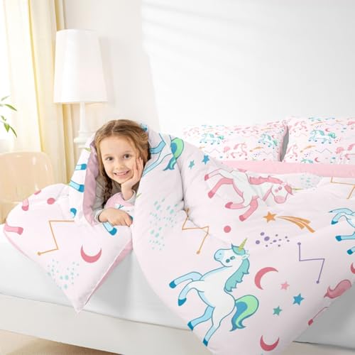 Image of Erosebridal Girls Unicorn King Comforter Set Pink and Blue Unicorns Bedding Set for Kids Child Stars Astrology Comforter Fantasy Girls Room Decor Cartoon Unicorn Horse Quilt Kawaii Bed Set