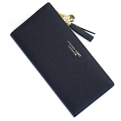 SUMGOGO Slim Wallet for Women Long Tassel Zipper Clutch Purse Handbag Card Case Wallet (Black)2