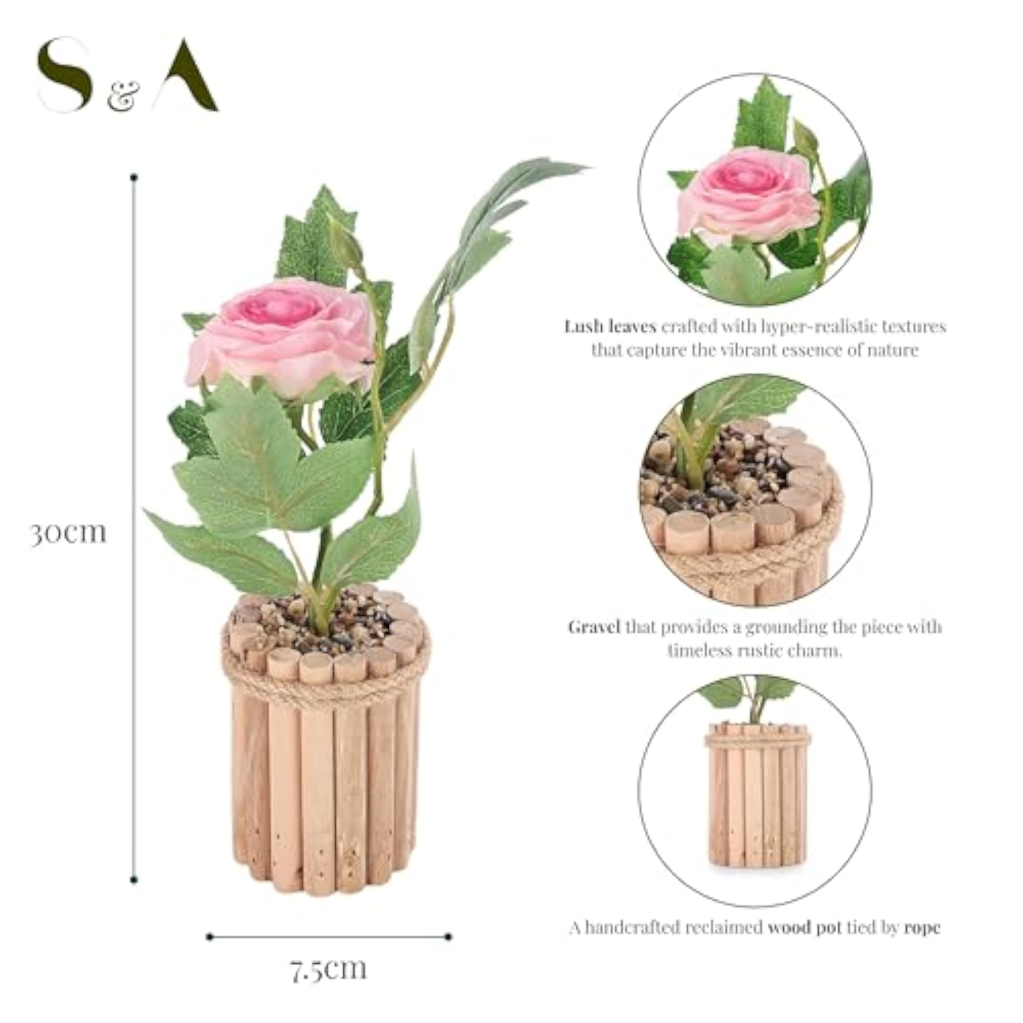 Artificial Pink Rose Plant with Wooden Pot