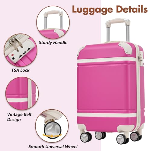 Long Vacation Luggage Set 20 IN Lightweight Carry on Suitcase ABS Hardshell Luggage TSA Lock Spinner Wheels(3 piece set) (Pink + ABS)3
