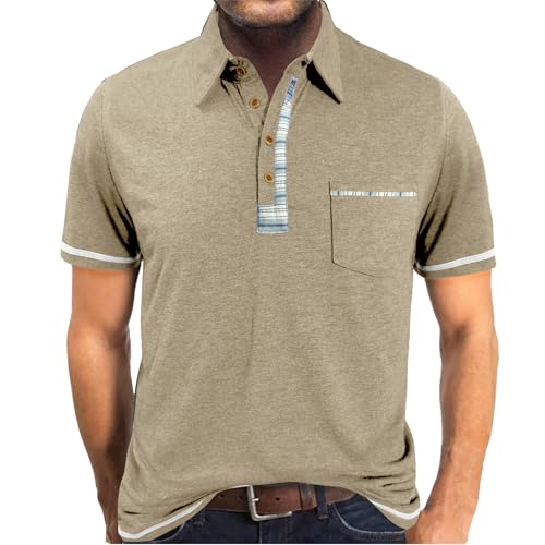 PRIVIMIX Polo Homme Manches Courtes avec Poche Ete Polo Tops Tee Shirt de Golf Rugby Beige L
