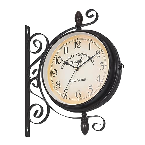 H-YEEH Horloge de Gare Double Face Couleur Café, Horloge Murale Vintage Exterieur 44cm*37cm, Horloge Murale Rétro, Nombre Horloge Murale en Fer, Montre...