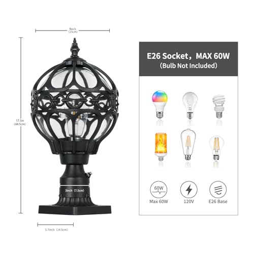 Image of Dusk to Dawn Outdoor Lamp Post Lights, 17.5'' Black and Clear Aluminum Rust-proof Globe Post Lighting Fixture for Porch Driveway Garden, Exterior Hardwired Pillar Light with Standard 3 inch Base