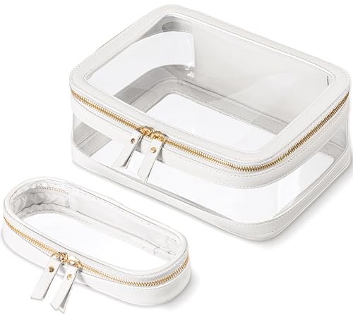 HBlife Travel Clear Makeup Bag with Makeup Brush Bag, Portable Toiletry Cosmetic Bag for Women, Make Up Bag Makeup Case Organizer Transparent Waterproof Storage Bag Pouch with Handle(White)